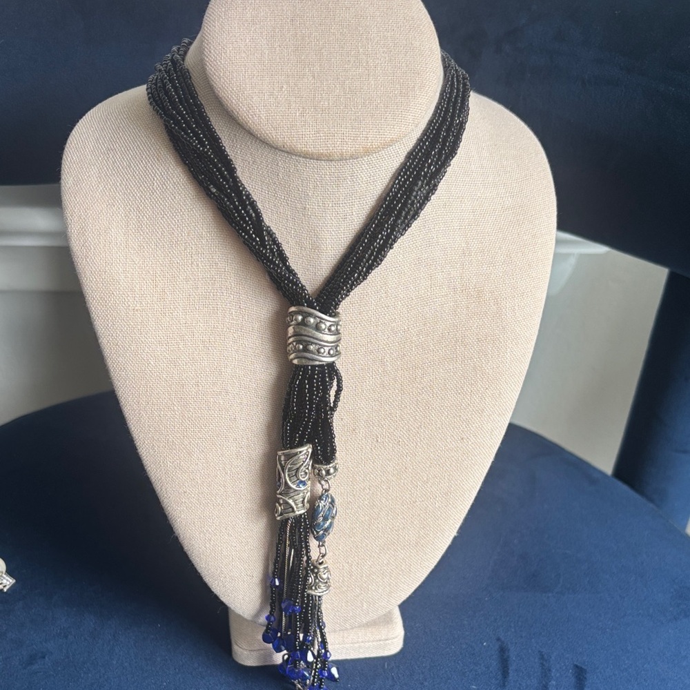 Chico's Black Beaded Multi-Strand Tassel Necklace with Blue Accents